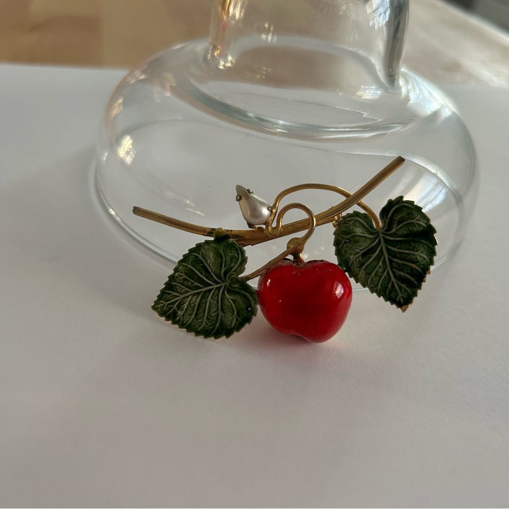Vintage Red Apple Brooch with Green Leaves Original by Robert